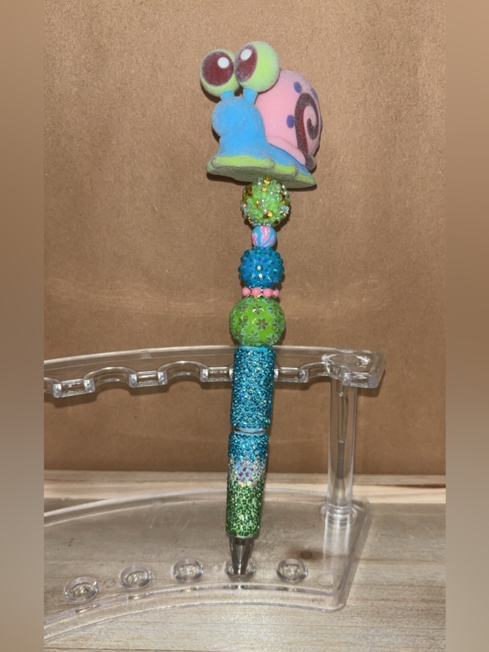 Whimsical Blue and Green Gary Beaded Pen with Snail Topper